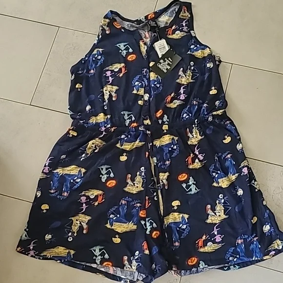 Torrid, Disney Nightmare Before Christmas Blue Sleeveless Button Front Romper - Picture 2 of 8